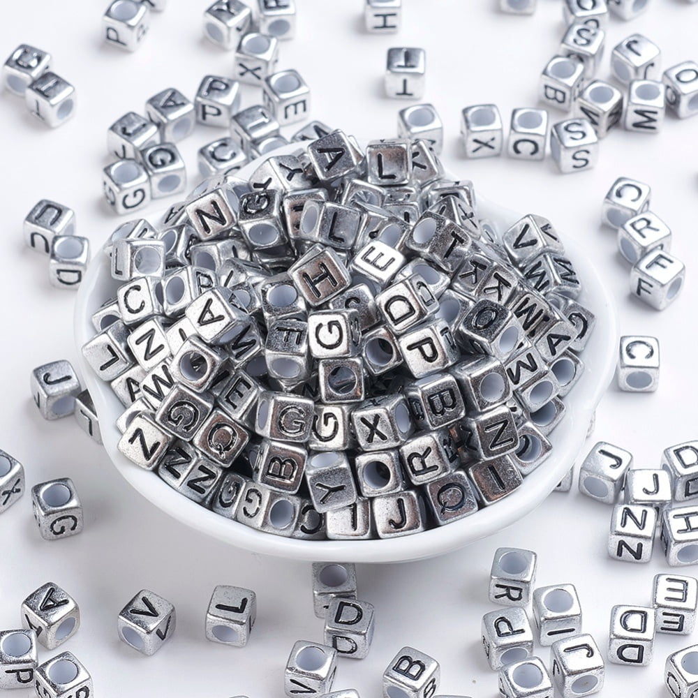 500 g Silver Plated Large Hole Acrylic European Beads Horizontal Hole Cube with Letter Random Mixed Letters 6x6x6mm Hole: 4mm about
