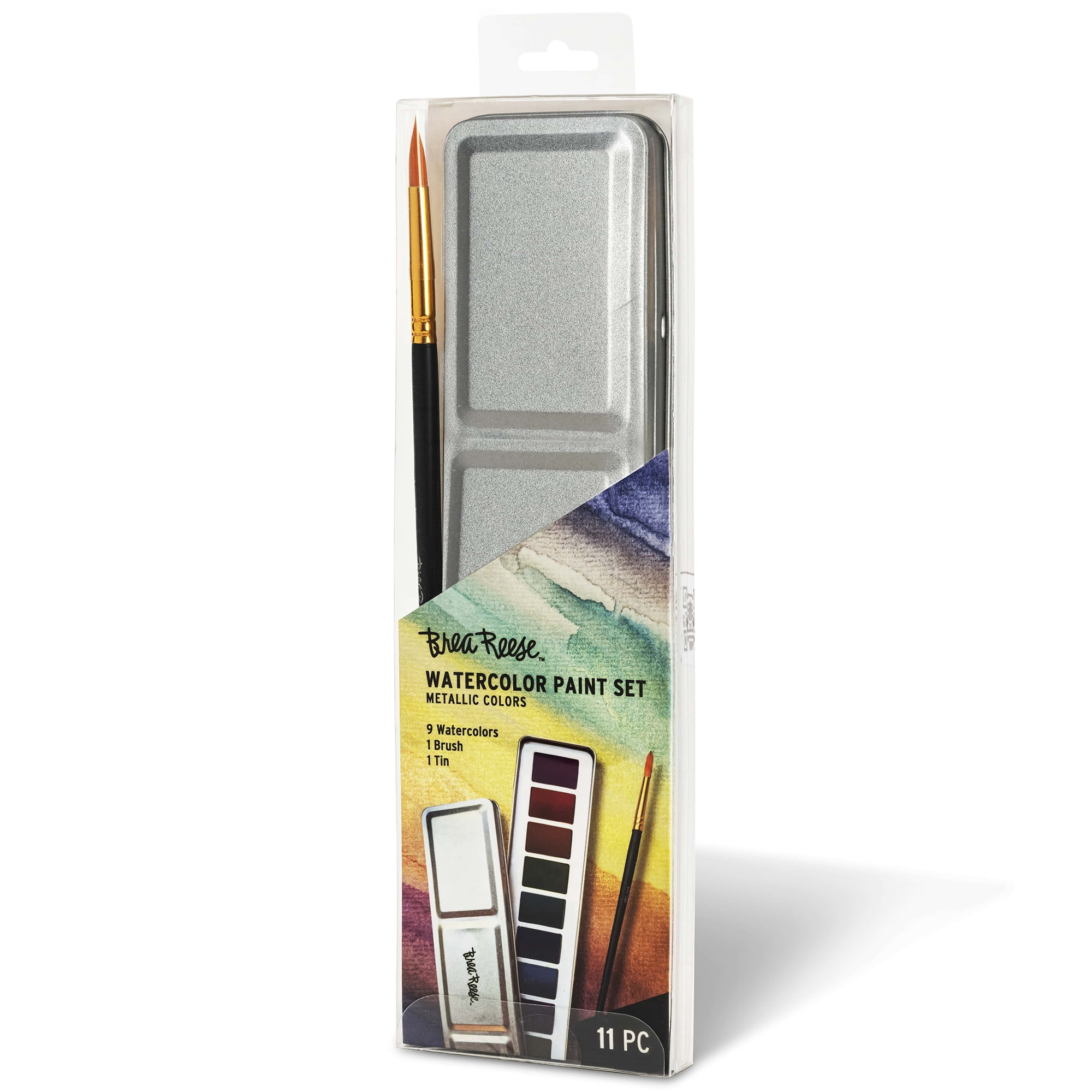 Brea Reese: Watercolor Paint Set - Metallic - 9pc Shimmering Colors, Gold Taklon Painting Brush & Compact Portable Tin, Blend-able, Adult Art Supplies