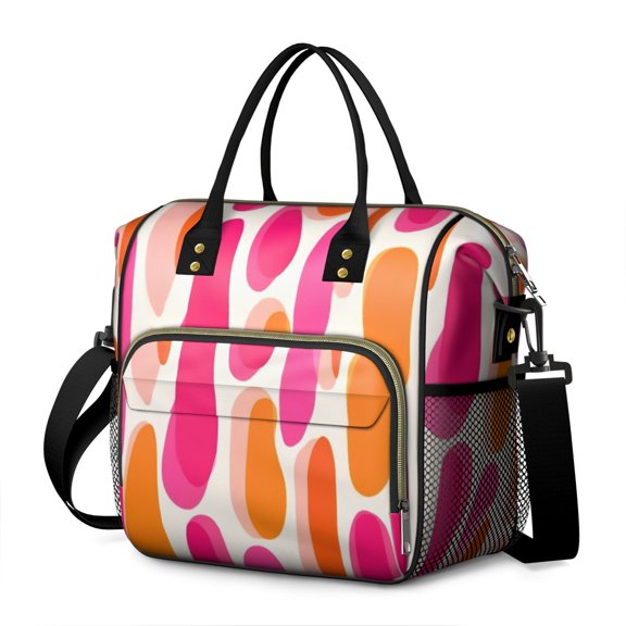 OBREWU Red and Orange Modern Art Geometric Women's Insulated Leakproof Large Lunch Bag, Oxford Cloth