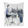 thumbnail image 1 of Urban Soft Flannel Fleece Throw Blanket, Woman Having Breakfast with Her Dog on Balcony in Paris Doodle Image, Cozy Plush for Indoor and Outdoor Use, 50" x 70", Indigo Violet Blue White, by Ambesonne, 1 of 6