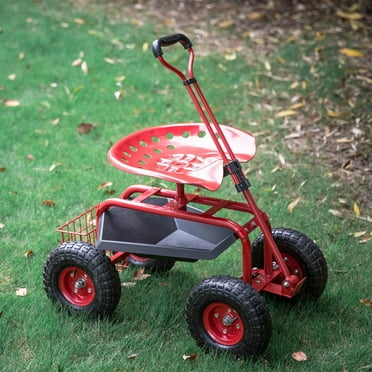 Kinbor Garden Cart Rolling Work Adjustable Swivel Seat for Planting w/Tray Basket Extendable Handle