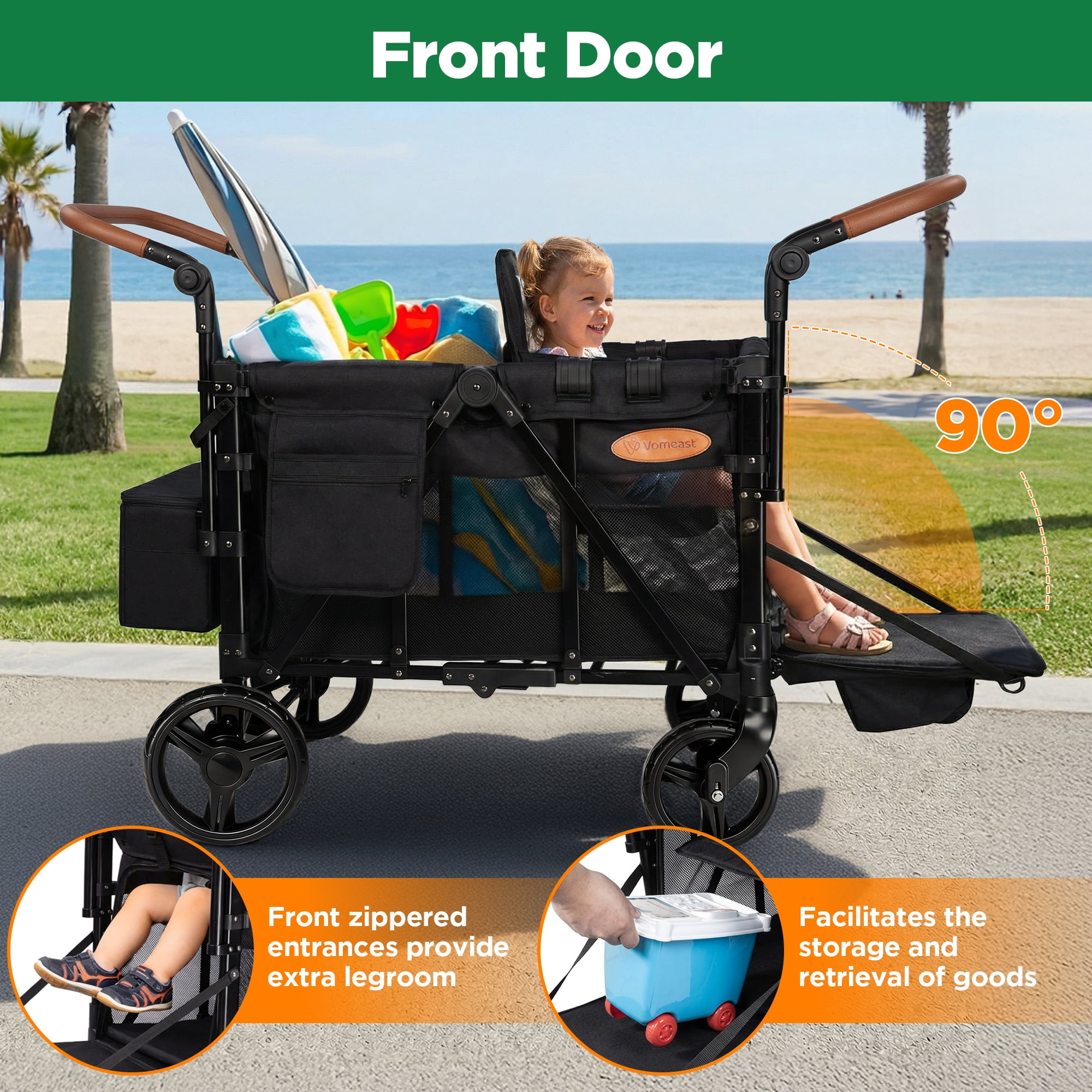 Vomeast Upgrade Wagon Stroller for 2 Kids, 2-Seater Outdoor Baby Stroller Wagon with Canopy, 5-Point Harness, Adjustable Handle(Black)