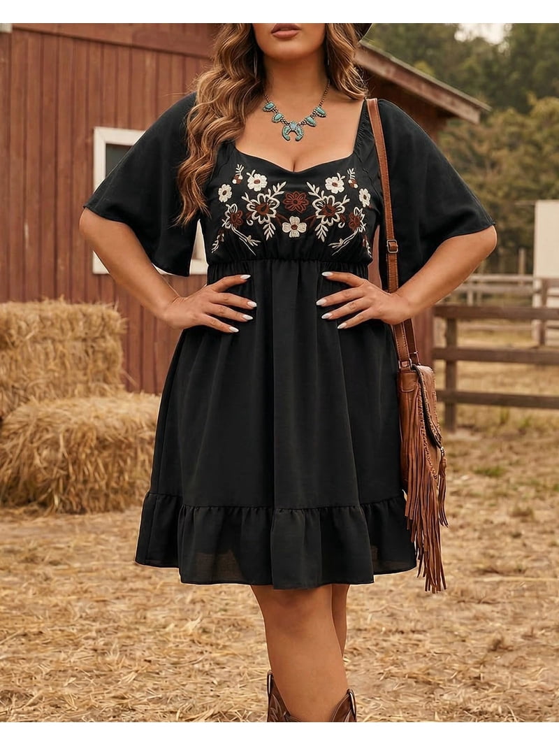 black cowgirl dress plus size Women's Embroidered Floral Western Country Concert Outfits A Line Flowy Vacation Midi Dress plus size black pencil period costume Belt Size (refer to sizing instructions below):40 Dancing Party Dress