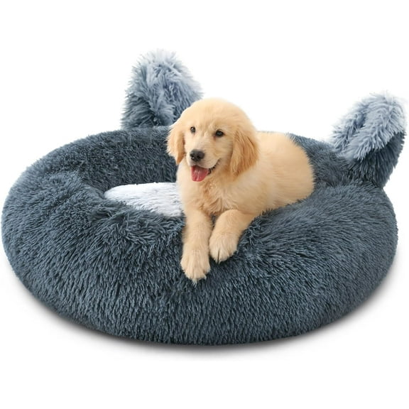 Calming Round Pet Bed for Large Dogs - Donut Washable Large Dog Bed, Anti-Slip Fluffy Plush Faux Fur Cat Bed, Fits up to 100 lbs Pets, 36" Grey