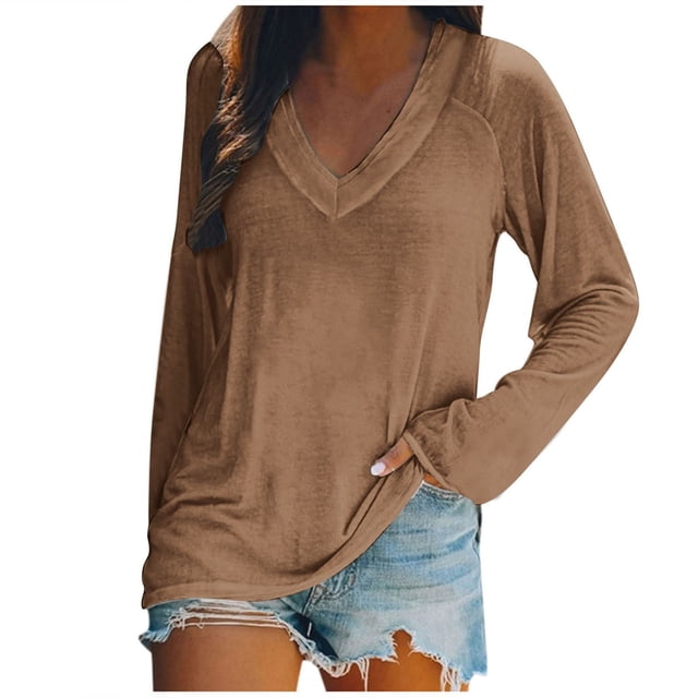 KIHOUT - Blusas casuales para mujer, liquidación 2024, moda clásica, blusa lisa con cuello en V, blusas básicas holgadas de otoño, blusas tipo túnica de manga larga