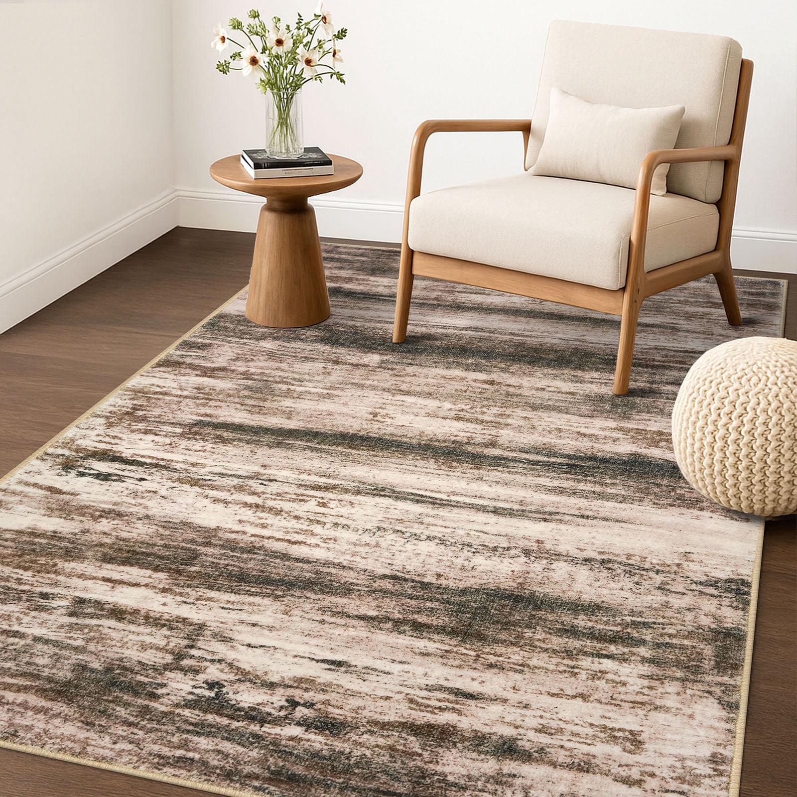 iOhouze 3x5 Area Rug Modern Abstract Washable Rugs Non slip Soft Low Pile Print Distressed Brown Abstract Carpet for Bedroom Living Room Laundry