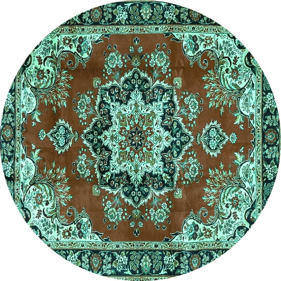 Ahgly Company Machine Washable Indoor Round Medallion Turquoise Blue Traditional Area Rugs, 4' Round