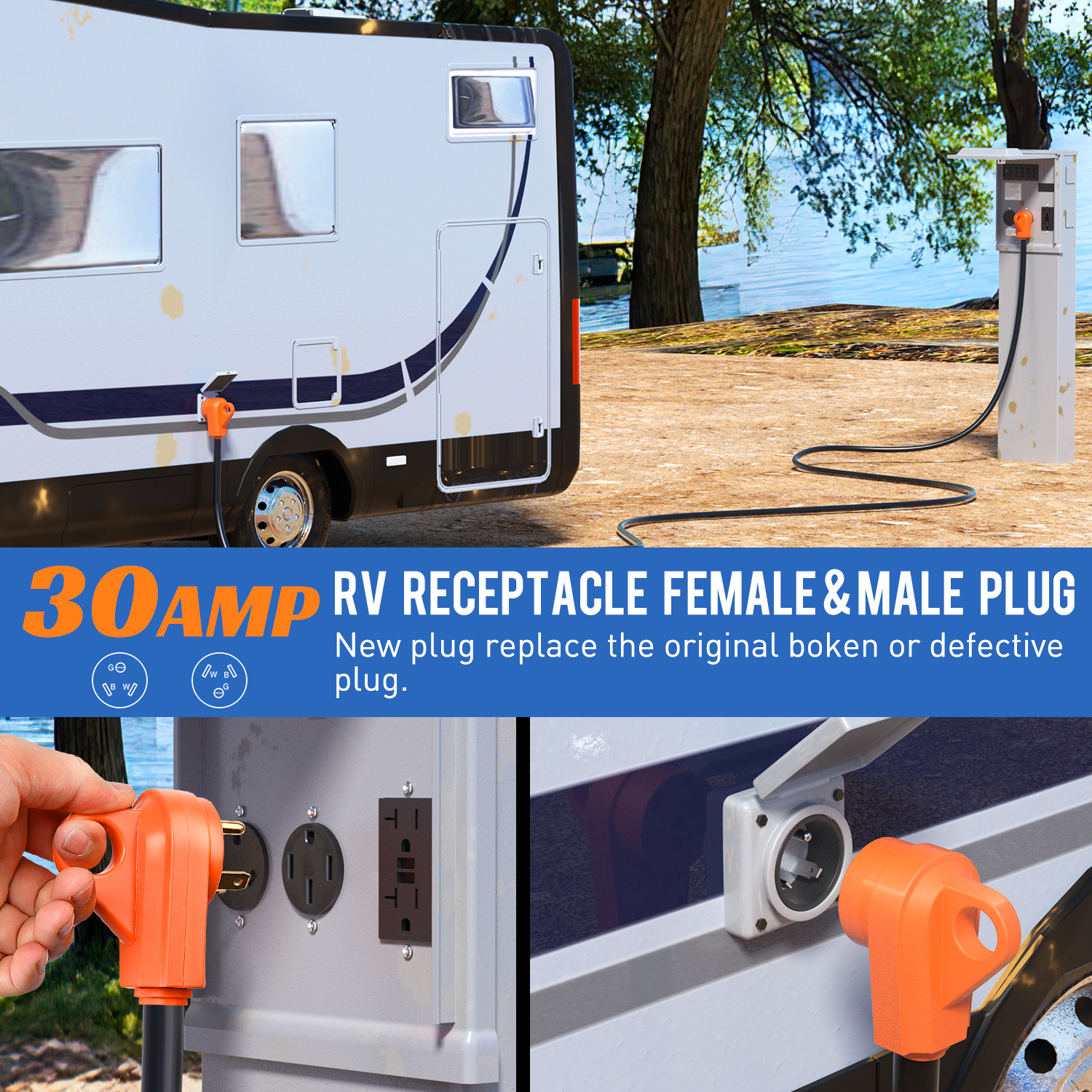 Nilight 30 Amp RV Male and Female Plug Set TT-30P Plug and TT-30R Receptable 125 Volt Heavy Duty Electrical Camper Plug ETL Listed for RV Caravan Motorhome Van Trailer 2 Years Warranty