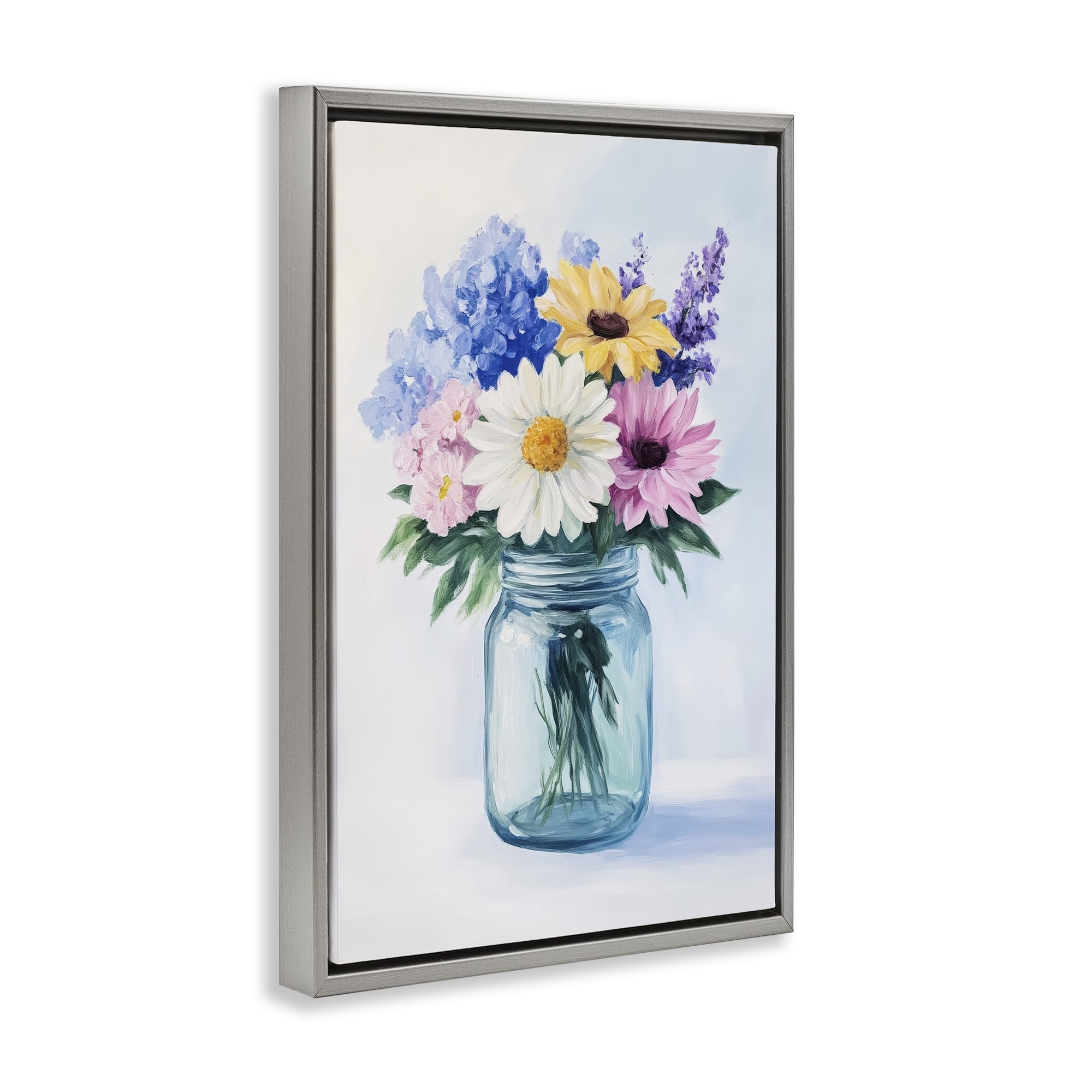 Stupell Industries Country Jar Wildflower Bouquet Gray Framed Floater Canvas Wall Art, design by Petal Prints Design