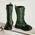 thumbnail image 2 of Shqvo Girls Lace-Up Combat Boots With Side Zipper Bow, Knee-High/Mid Calf Boots Lug Sole Golden Shoelaces/Leopard Print Combat Boots Dress/School Boots, Black/Whtie Boots For Girls, 2 of 8