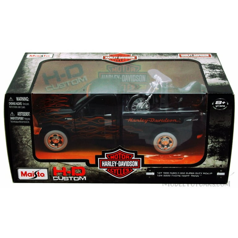 1999/2002 Ford F-350 Super Duty Pickup Harley-Davidson / FXSTB Night Train  Motorcycle, Black w/ Flames - Maisto HD 32181 - 1/27 scale /1/24 Scale 
