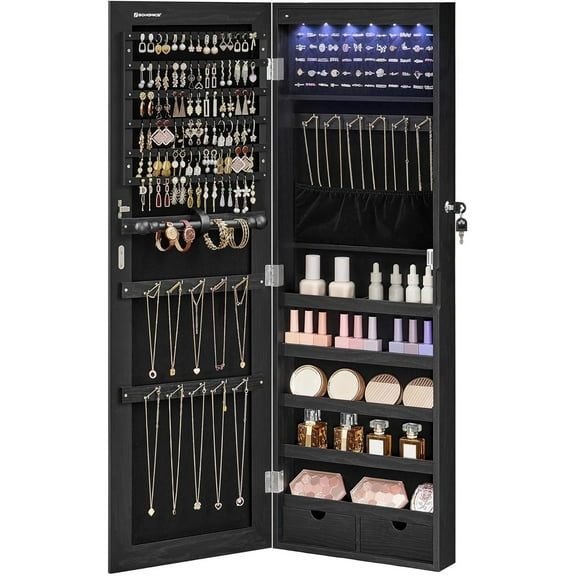 Hanging Jewelry Cabinet, Wall-Mounted Cabinet with LED Interior Lights, Door-Mounted Jewelry Organizer, Full-Length Mirror, Gift Idea, Ink Black UJJC099B01
