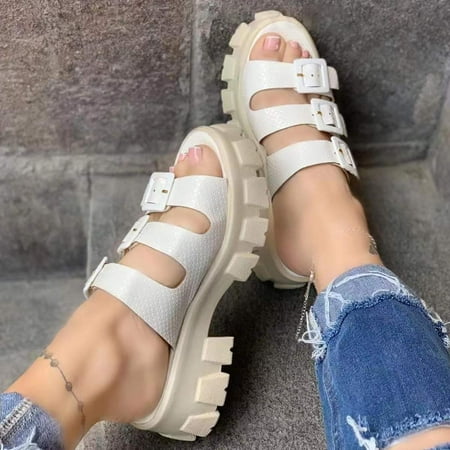 

Summer Saving Clearance! Tuobarr Women s Platform Women s Round Toe Thick Heeled Shoes Ladies Beach Sandals Summer Non-Slip Causal Slippers White US Size 9