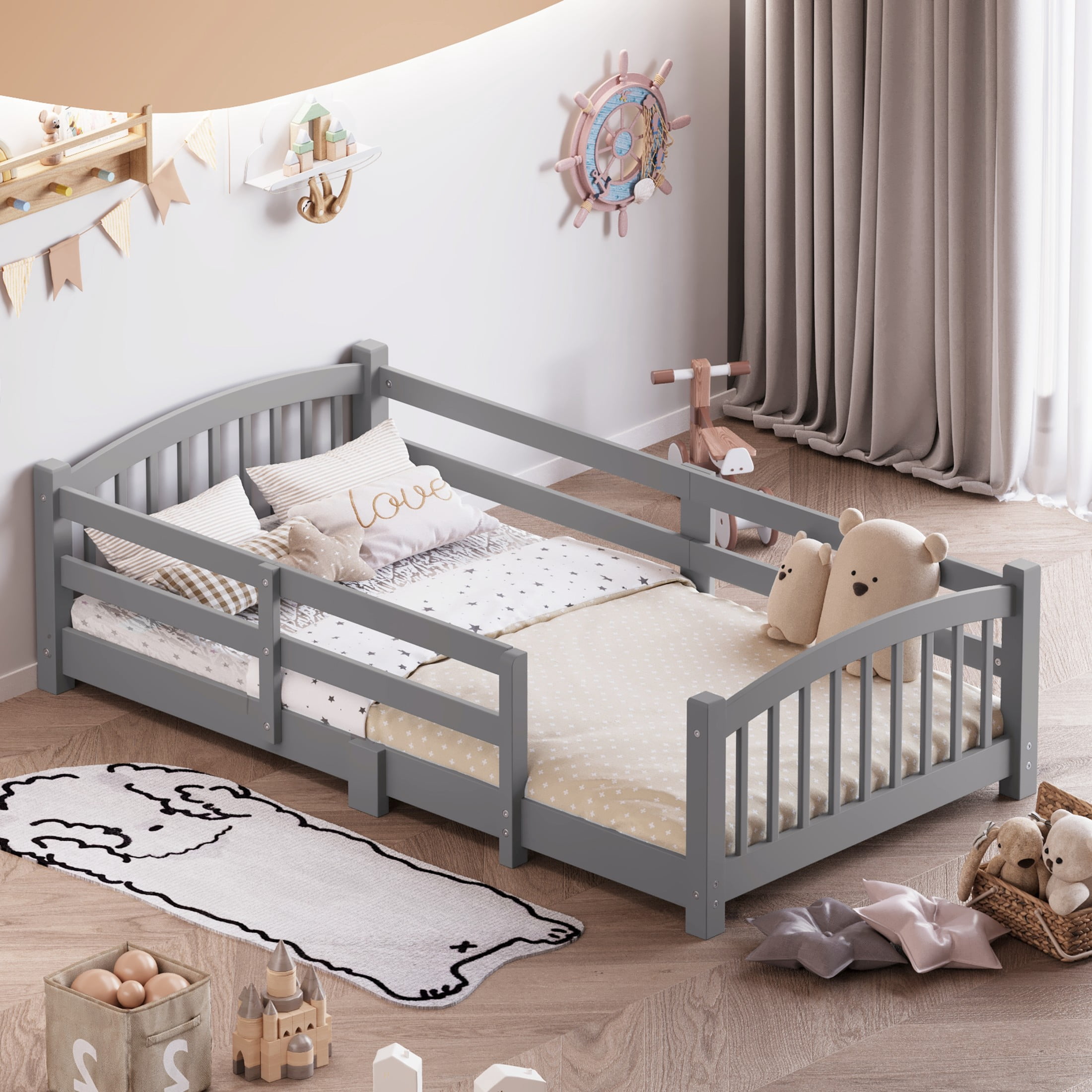 Noble House Twin Floor Bed with Slats, Safety Guardrails, Solid Wood Frame, Gray