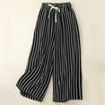 thumbnail image 4 of Women's Striped Wide Leg Lounge Pants Cotton Linen Palazzo Summer Elastic Waist Casual Pant Trousers With Pockets (L, Black), 4 of 5