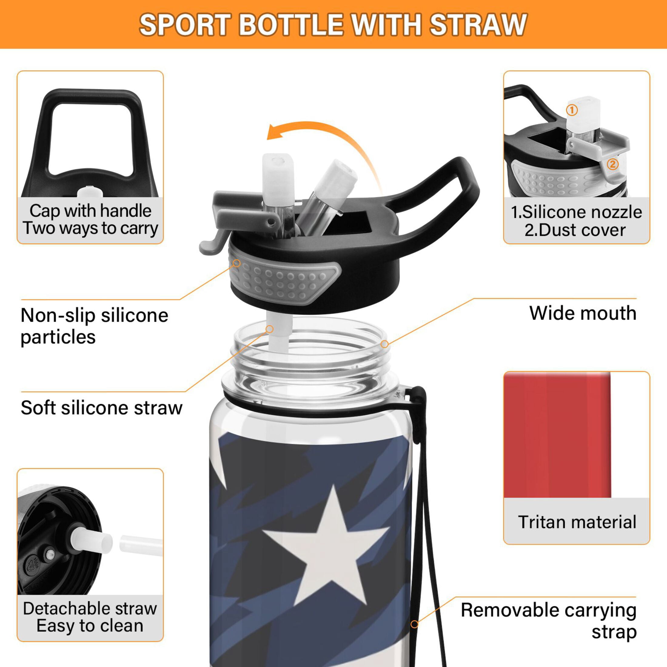 American Flag Star 32oz Water Bottles with Straw Tritan Leakproof Sports Bottle BPA Free Clear for Fitness Gym Swimming Cycling