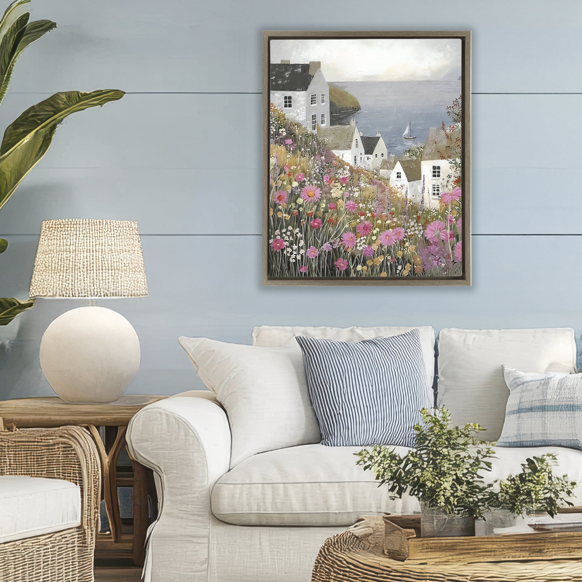 Stupell Industries Picturesque Village over Sea Brown Framed Floater Canvas Wall Art, design by Riley B