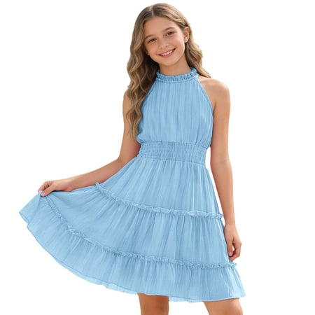 FYDUU Girls Summer Dresses Casual Halter Neck Sleeveless A-Line Dress Solid Color Swing Party Sundress Trendy Fashion Clothes 5-6 Years