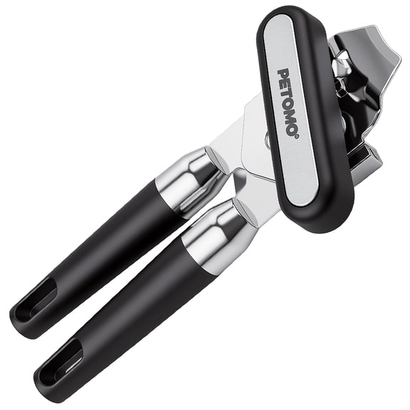 Stainless Steel Manual Can Opener with Bottle Opener - Razor Sharp Cutting Wheel, Soft Ergonomic Grip Handles, Oversized Easy-Turn Knob, Smooth Edge Safe Operation, Black