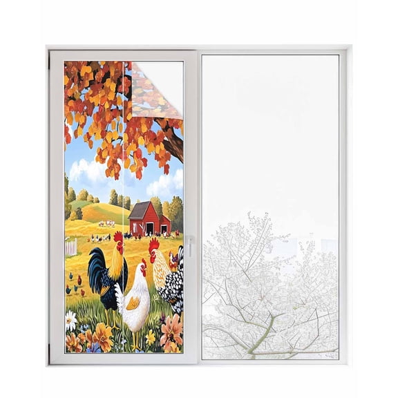 Window Privacy Film Orange Vintage Rooster Stained Glass Window Film Decorative Sun Block Window Cover Farmhouse Animals Spring Floral Window Clings Static Adhesive Sticker for Bathroom 23.6"x59"