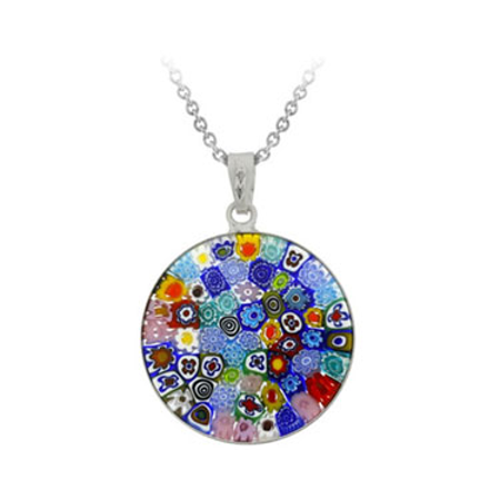 Murano Millefiori Flower Ring - Sterling Silver Millefiori Flower Murano Glass Circle Pendant