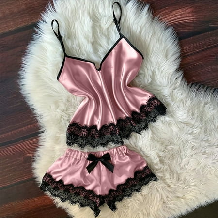 

Rewenti Women V-Neck Eyelash Lace Sexy Stain Camisole Pajamas Bow-knot Shorts Set Pink XXL(XXL)
