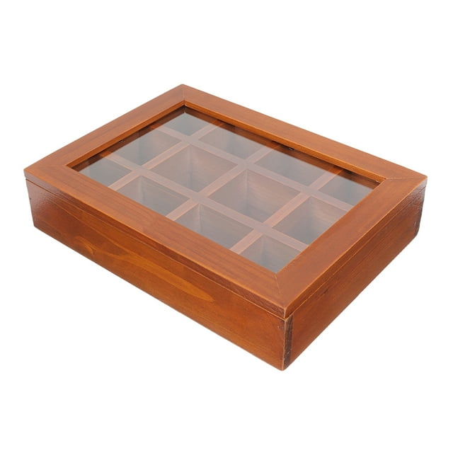 GOOHOCHY Caja para guardar bolsitas de té con 12 compartimentos, organizador de madera con ventana de acrílico transparente, soporte para bolsitas de té, sobres de azúcar, bolsitas de especias, caja