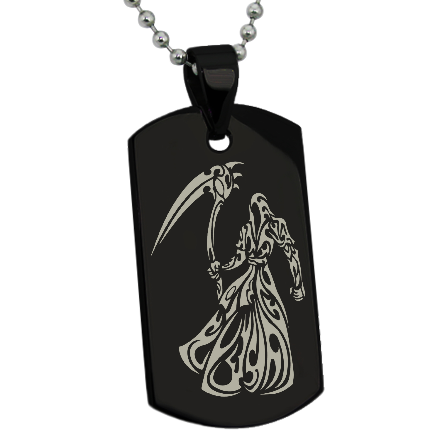 Stainless Steel Harbinger Grim Reaper Engraved Dog Tag Pendant Necklace