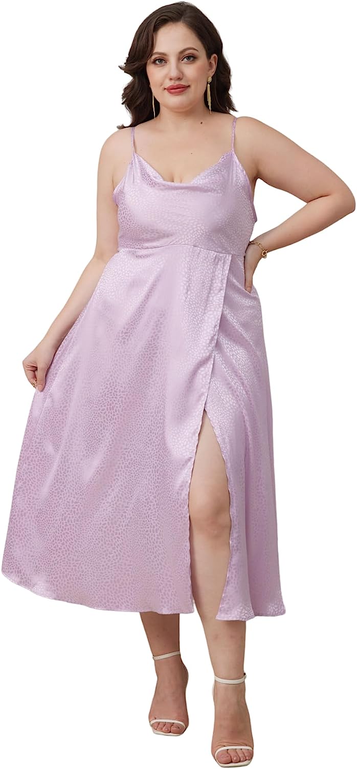 Singreal Women's Plus Size Satin Cowl Neck Spaghetti Strap Slit Long Cami Dress Slip Dress