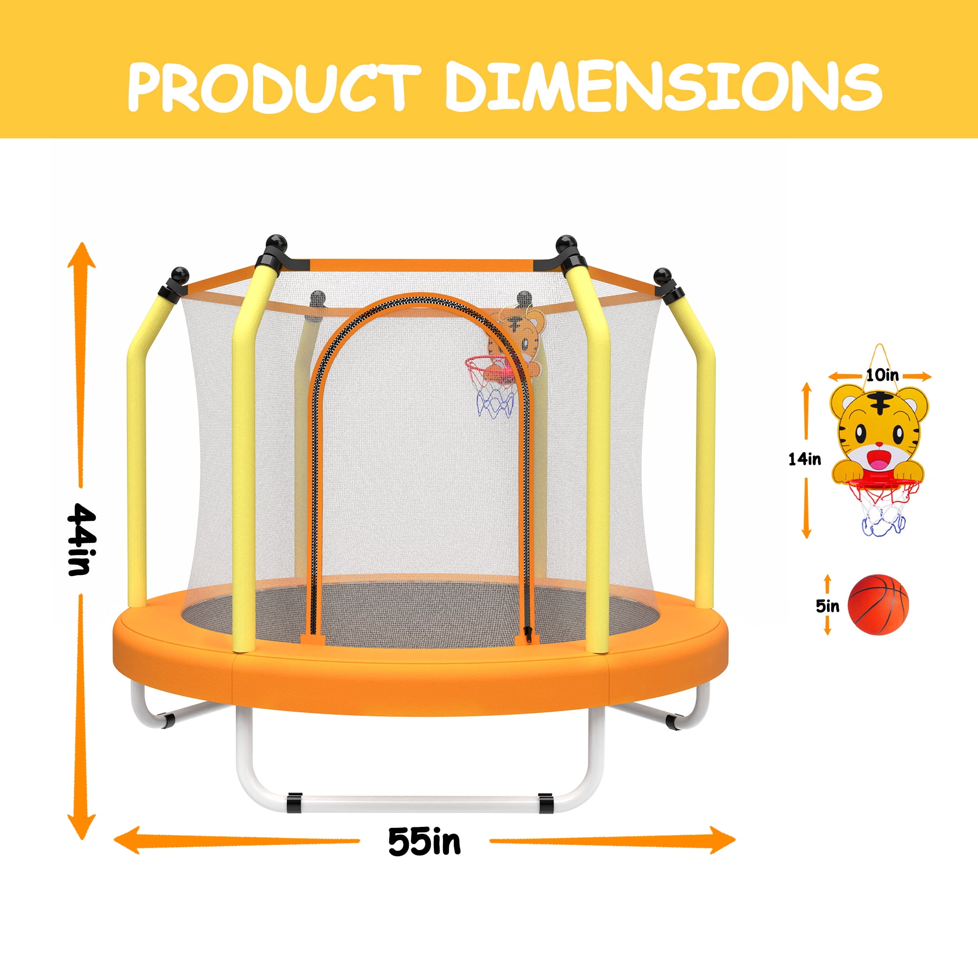 Leumius 55inch Trampoline for Kids, Outdoor Mini Trampoline with Enclosure and Basketball Hoop, Yellow