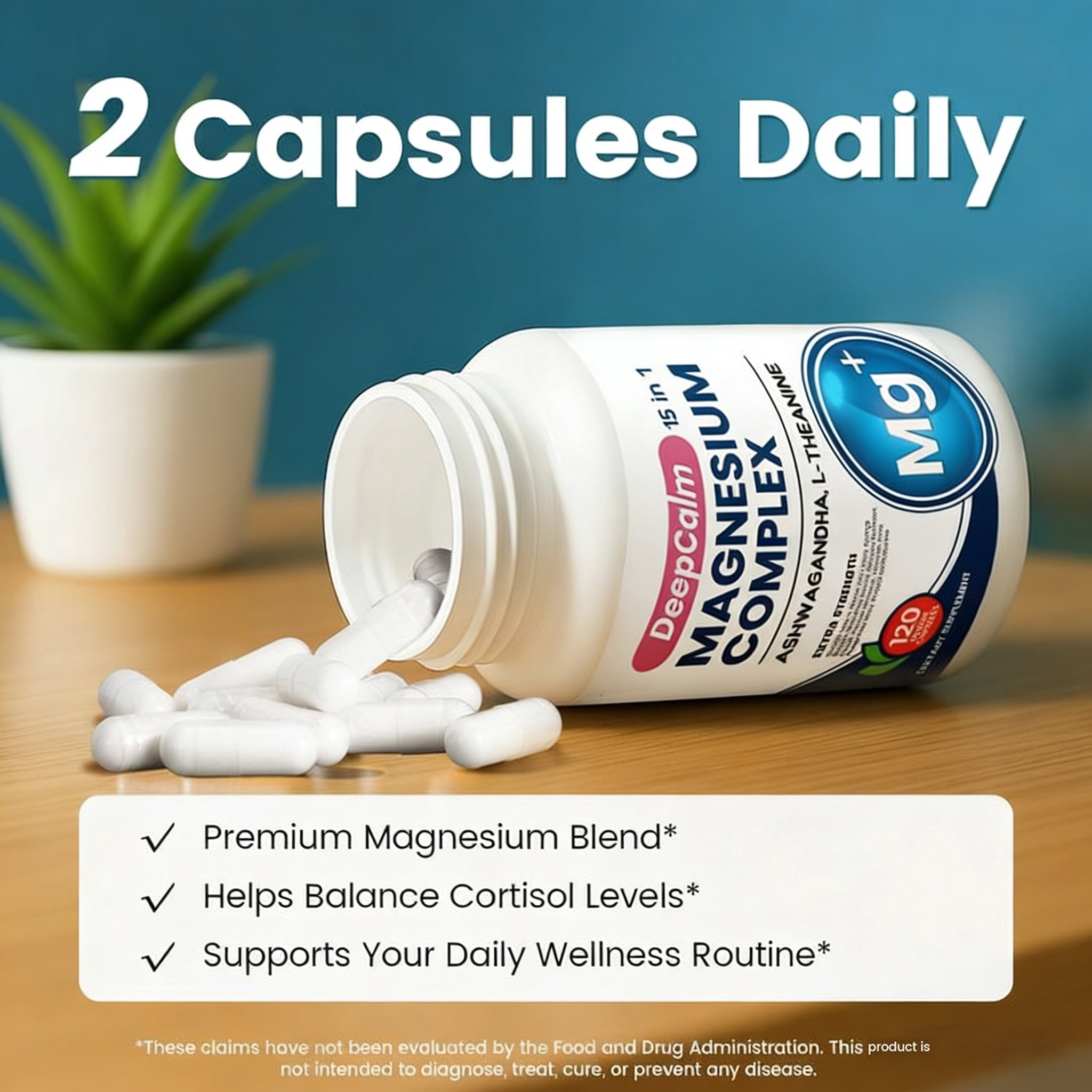 15 in 1 Magnesium Complex with Ashwagandha & L-Theanine | Extra Strength Magnesium Capsules with Vitamin D3 & Zinc | Supports Sleep, Calm Mood & Stress Relief | 120 Count