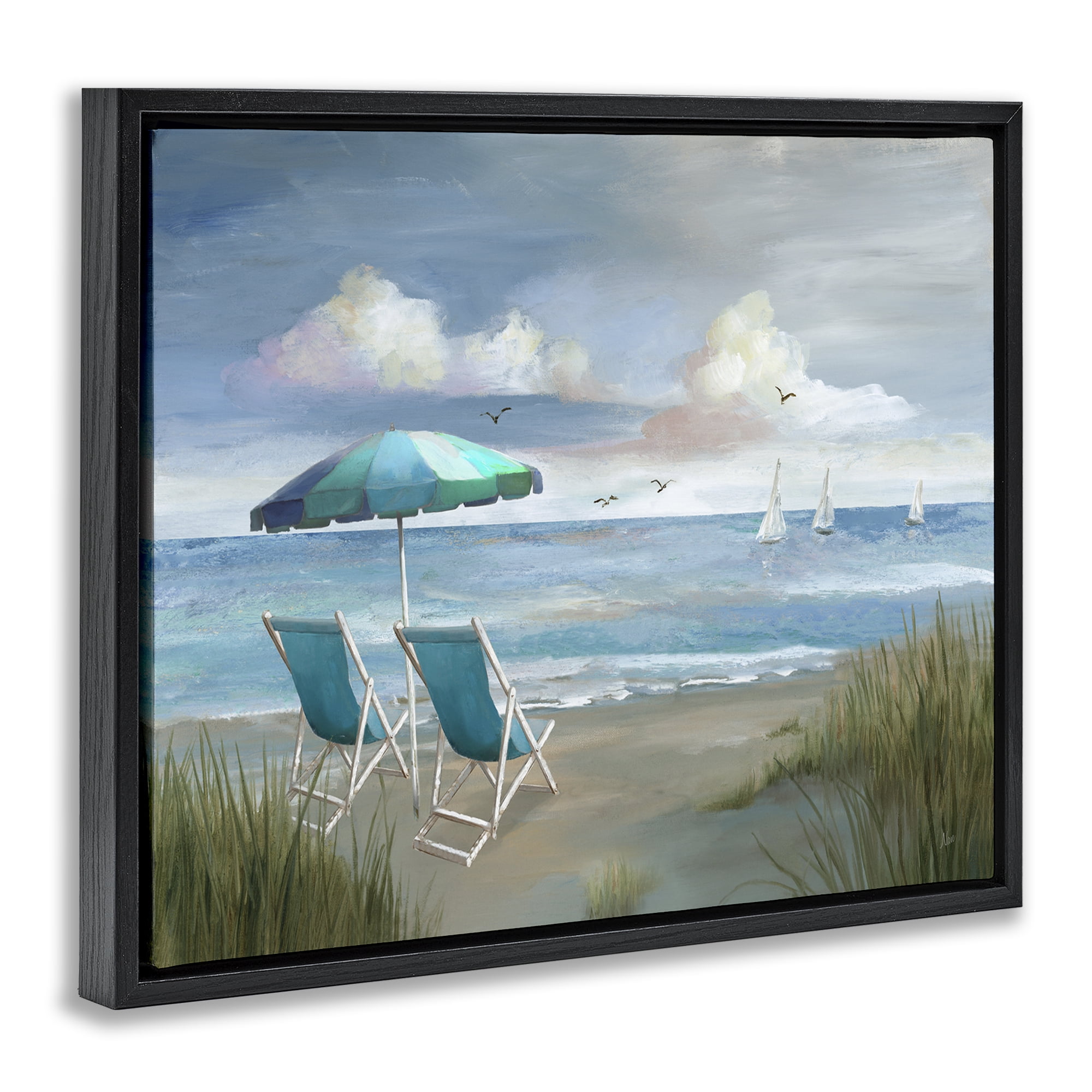 Stupell Industries Seagulls over Calm Beach Nautical & Beach Painting Black Floater Framed Canvas Art Print Wall Art, 31 x 25