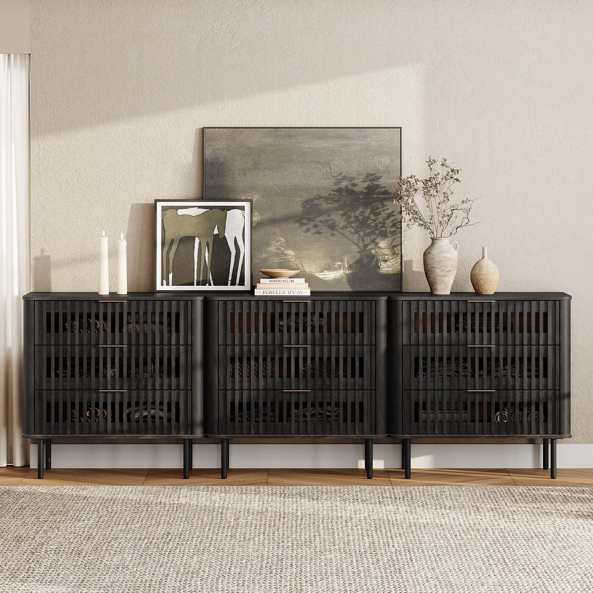 94.5"W Sideboard Buffet Cabinet with Storage, Fluted Kitchen Buffet Storage Cabinet with 9 Drawer, Large Coffee Bar Cabinet, Modern Buffet Table for Dining Living Room, Black