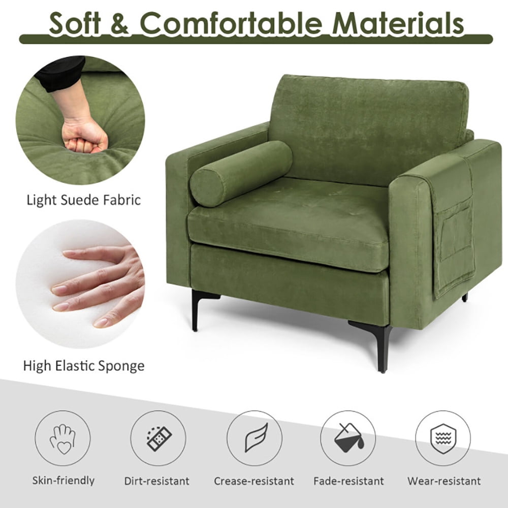 Finihen Upholstered Accent Chair, Modern Accent Chair with Bolster and Side Storage Pocket, for Living Room, Bedroom, Army Green