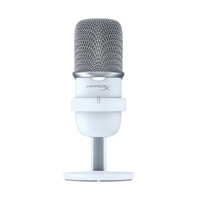 micrófono usb de condensador para juegos hyperx solocast - blanco vista frontal centrada del micrófono blanco en su base ajustable, cápsula de malla metálica plateada y logo HyperX en la carcasa, sensor táctil para silenciar con indicador LED en la parte superior y conector USB-C; patrón polar cardioide para transmisión, podcasts y uso en PC, PS5, PS4 y Mac, a menudo usado también para grabar voiceovers en espacios reducidos.
