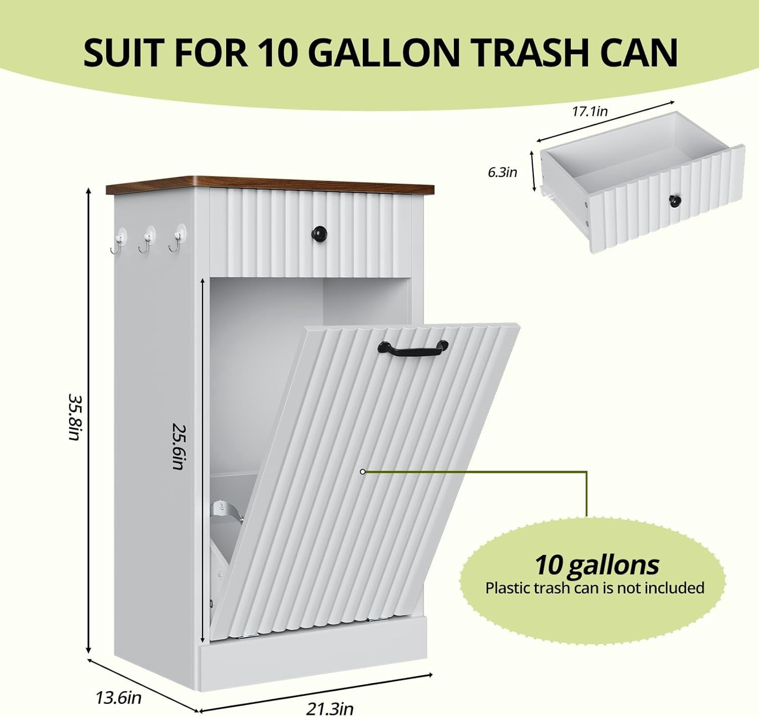 SELOOYE 10 Gallon Tilt Out Trash Can Cabinet , Wooden Hidden Garbage Can Holder with Storage Drawers for Kitchen and Dining Room, Laundry Hamper Cabinet for Bathroom, White