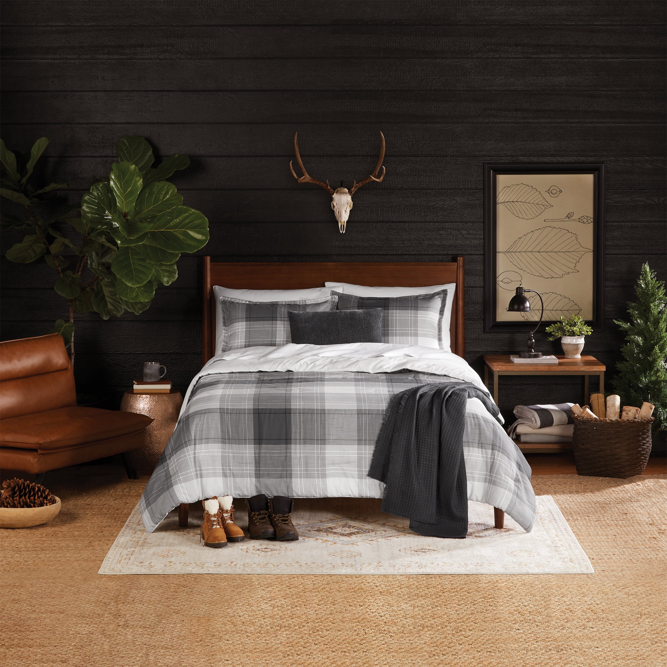 Mainstays King Comforter Set, All-Season, 5-Piece, Grey Plaid