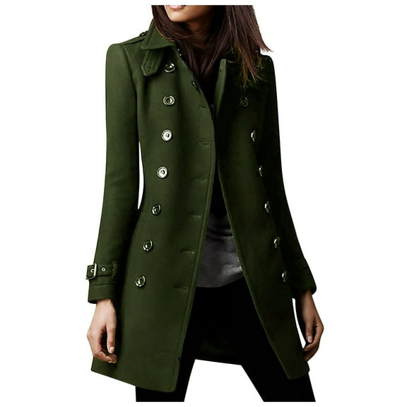 WCMZJ Women's Wool Blend Trench Winter Jackets Mid Long Warm Pea Coats Dressy Casual Double Breasted Overcoat with Pockets Army Green L