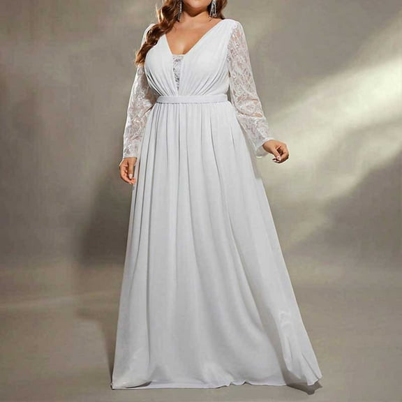 SMihono Womens Lace V Neck Dress Long Sleeve Plus Size Ball Gown Floor Length Formal Evening Dresses for Curvy Women White XL