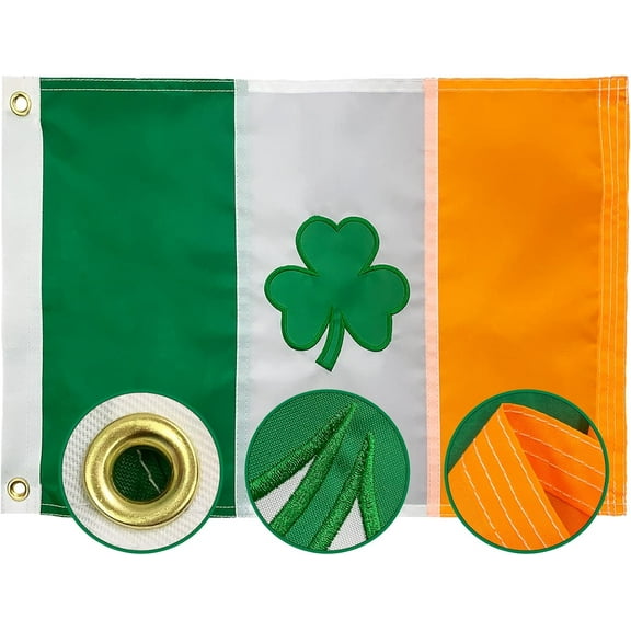 Irish Shamrock Flag 12x18 inch, Heavy Duty Ireland Republic Flags Sewn Stripes Large Flags Heavy Duty for St Patricks Day with 2 Brass Grommets 4 Stitching Rows Outdoor Vivid Color