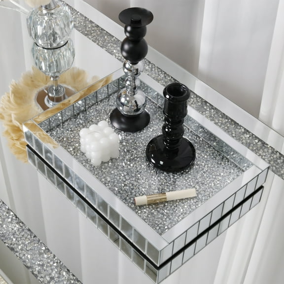 LUVODI Rectangular Silver Mirored Decorative Tray with Crushed Diamond Crystal Vanity Tray Organizer