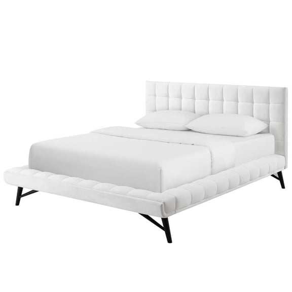Contemporary Modern Urban Designer Bedroom Queen Size Platform Bed Frame, Velvet Fabric, White