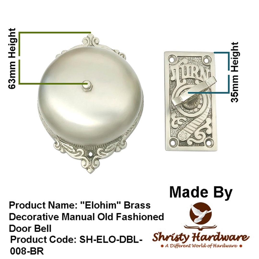 Shristy Hardware "Elohim" Brass Manual Old Fashioned Door Bell – Vintage Twist Bell with Key Plate – Mechanical Doorbell for Home – (Pack of 1 Satin Nickel Finish)