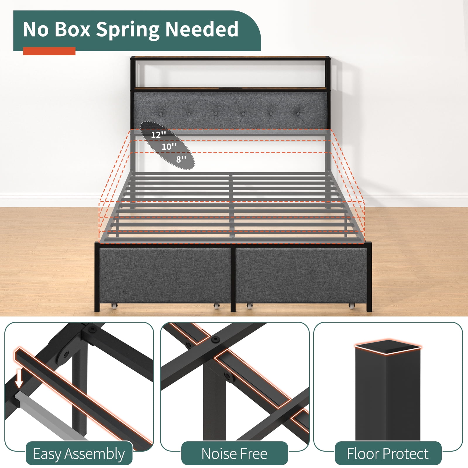 Full Size LED Light Bed Frame with Storage Headboard and USB Ports,Bed Platform with Drawers, RGB Lights
