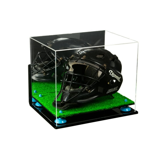 Deluxe Acrylic Catchers Helmet Display Case with Blue Risers, Mirror, Turf Base and Wall Mount (A002-BLR)