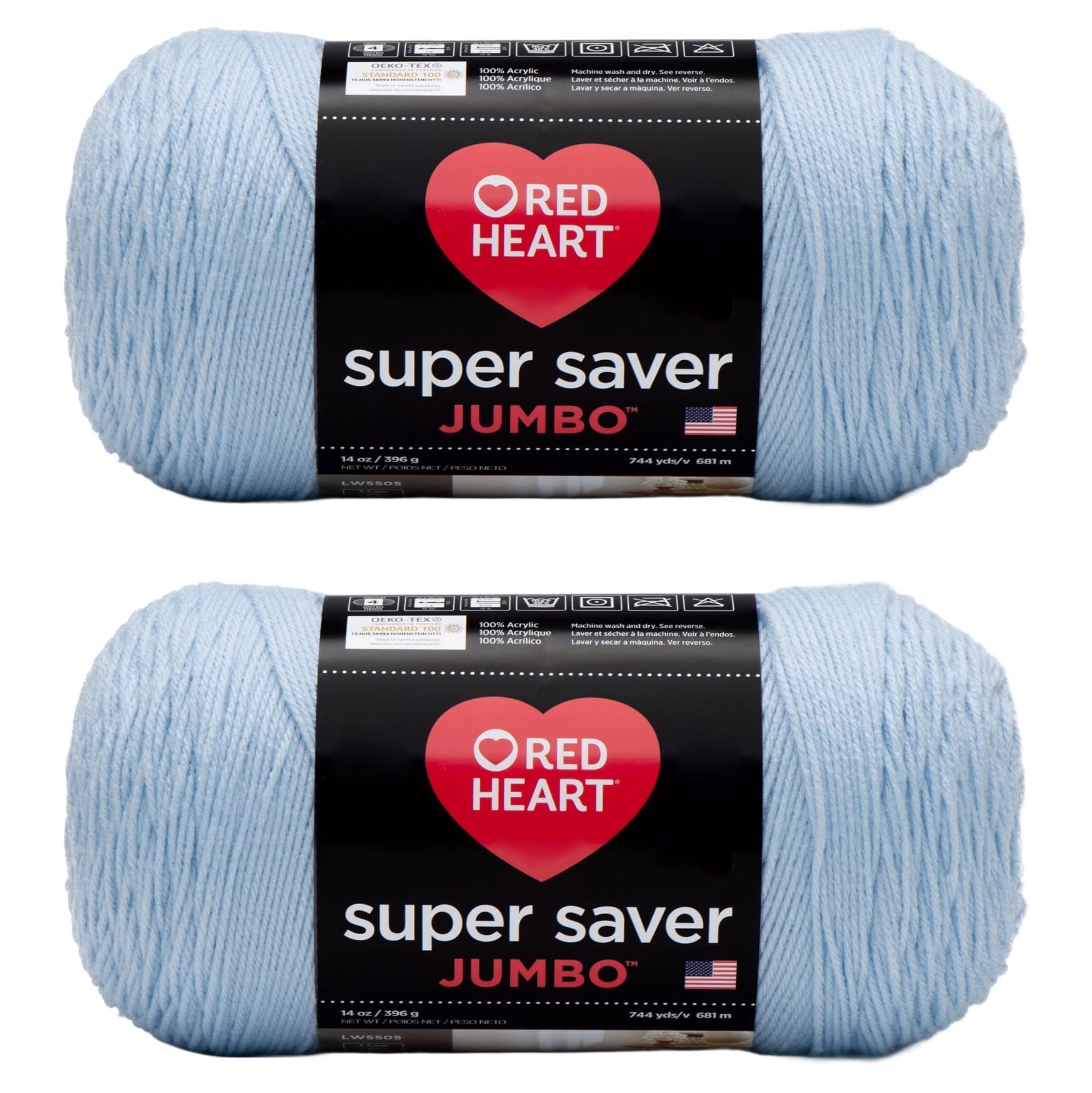 Red Heart Super Saver Jumbo Light Blue Yarn - 2 Pack of 396g/14oz - Acrylic - 4 Medium (Worsted) - 744 Yards - Knitting/Crochet