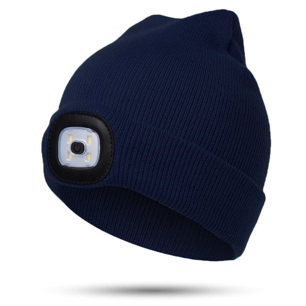 Gorro con luz LED para niños, regalo para niños y niñas, de invierno, suave, cálido, con luz, recargable por USB, 4 LED de alto brillo (azul marino)