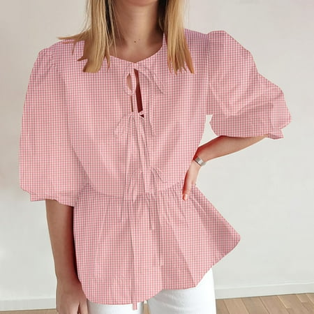 Women Y2K Puff Short Sleeve Peplum Shirts Tie Front Ruffle Hem Babydoll Blouse Tops Teen Girls Lace up Cute Summer Tops  Limited Time Clearance Under 10 Dollars
