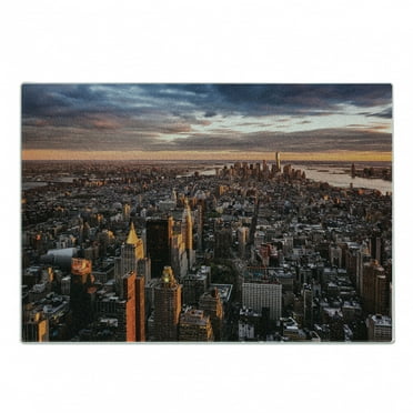 USA Cutting Board, Aerial View of the Manhattan Skyline at Sunset Famous Financial District NYC, Decorative Tempered Glass Cutting and Serving Board, Small Size, Blue Orange White, by Ambesonne