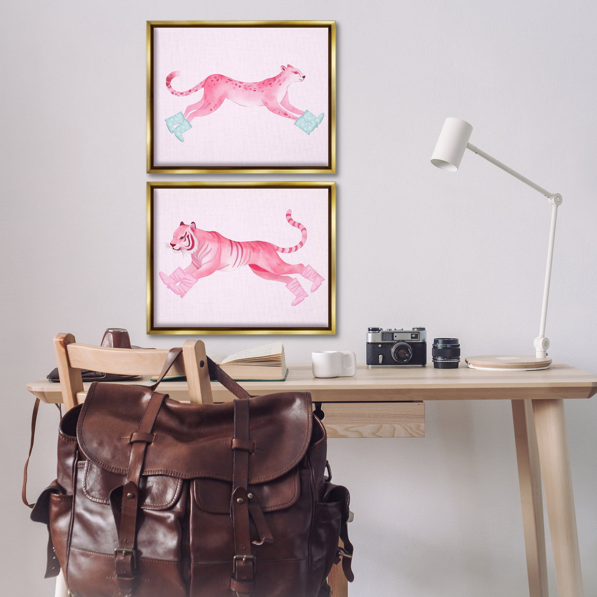 Stupell Industries Sprinting Jungle Animals in Boots Animals Painting Gold Floater Framed Canvas Art Print Wall Art, 21 x 17, Set of 2